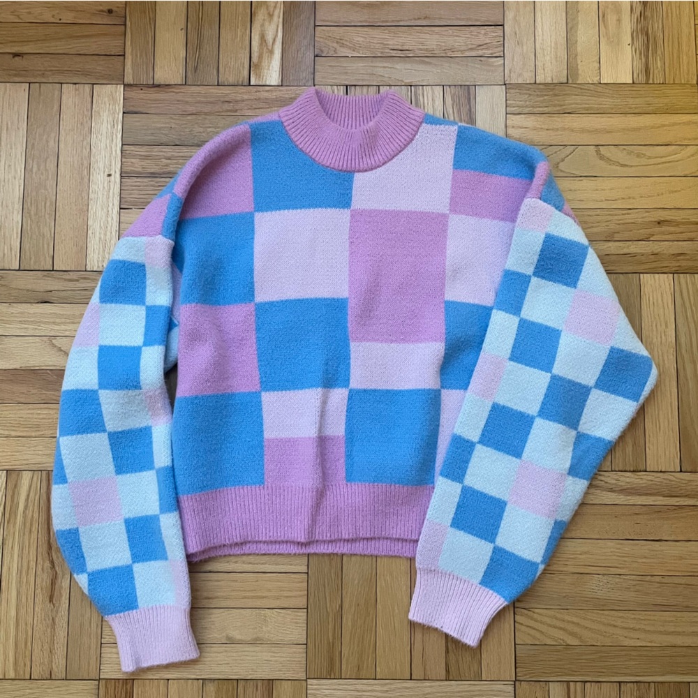 Like New Cotton On Women's High Neck Blue Purple Pink Checkered Sweater Small